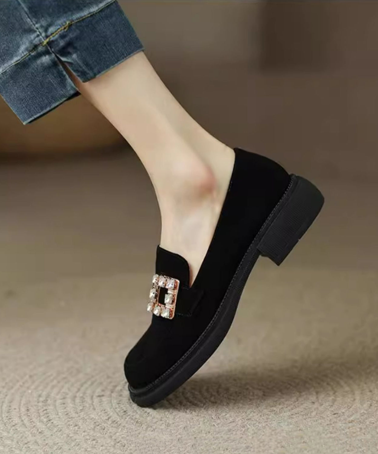 Brown Chunky Suede Zircon Splicing Loafer Shoes