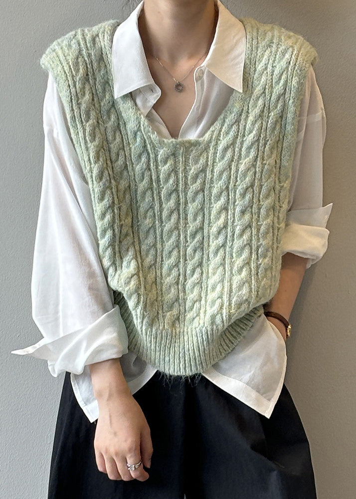 Light Green U Neck Cable Knit Vest Sleeveless