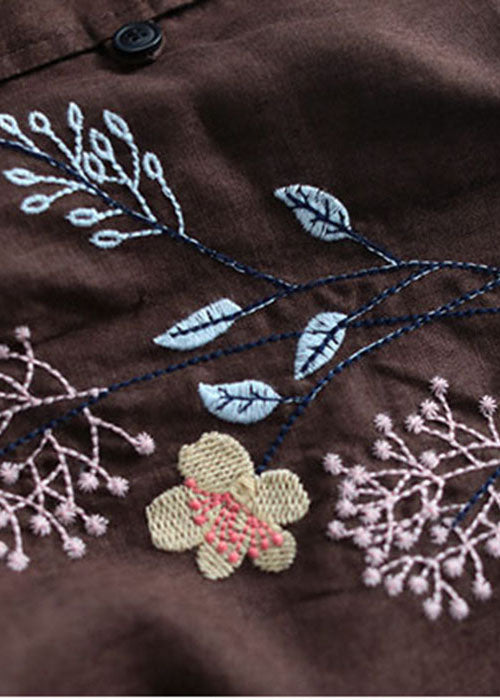 Chocolate O-neck Embroidered Patchwork Linen Shirt Tops Long Sleeve