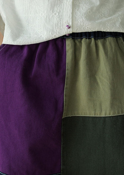 Colorblock Elastic Waist Pockets Patchwork Hole Cotton Denim Skirts Fall