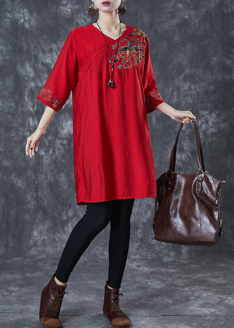 Red Embroidered Linen Mid Dresses Summer