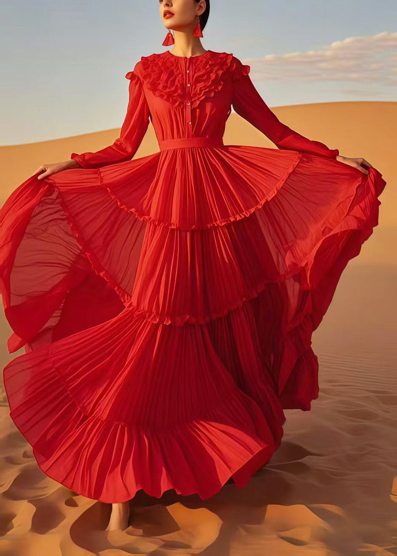 Red Ruffled Exra Large Hem Chiffon Holiday Dress Spring