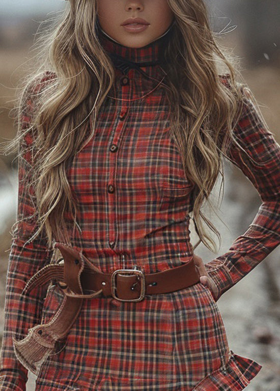 Hign Neck Plaid Ruffled Cotton Mini Dresses Long Sleeve