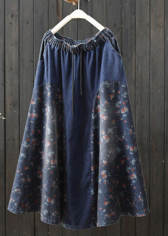 Denim Light Blue Print High Waist a Line Skirt Summer