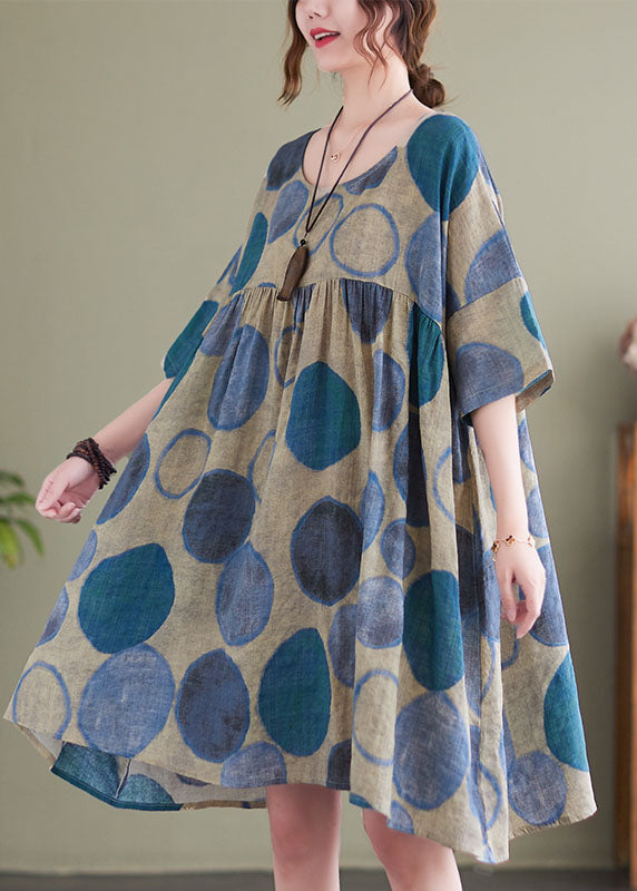 Loose Blue O-neck Patchwork Cotton Holiday Dress Short Sleeve