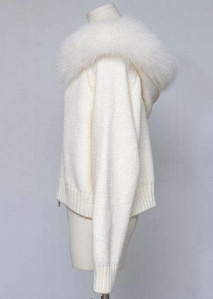 White Hooded Zippered Cozy Patchwork Knit Coat