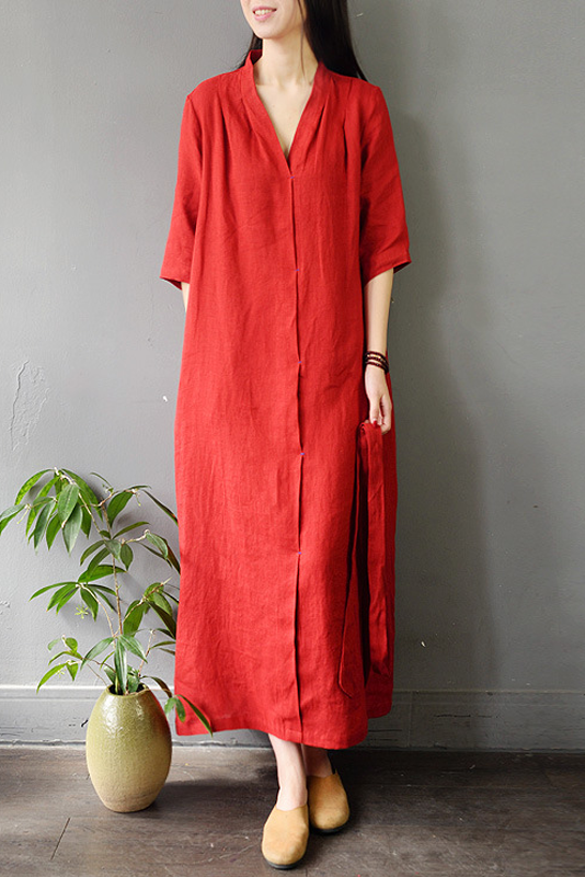 Summer Retro Linen Long Dress Loose 3/4 Sleeve Dress
