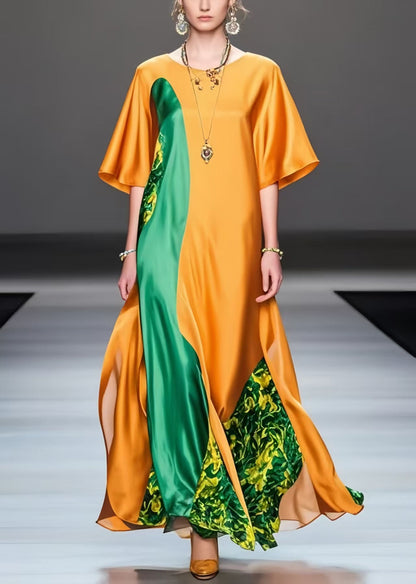 Orange Oversized Patchwork Silk Long Dress Summer