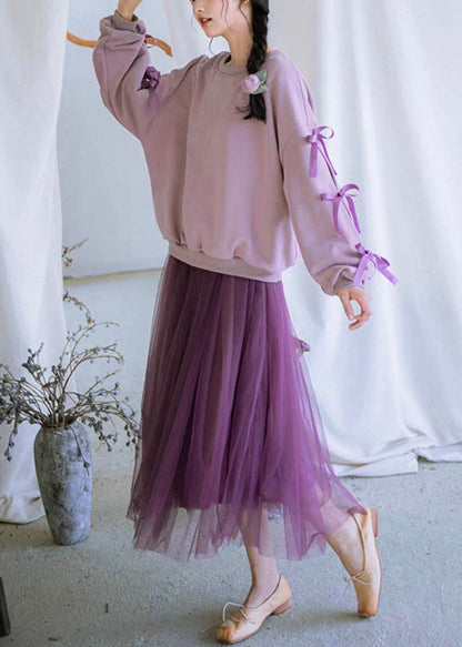 Loose Purple Bow Cotton Sweatshirt and Tulle Dress Two Pieces Set Fall