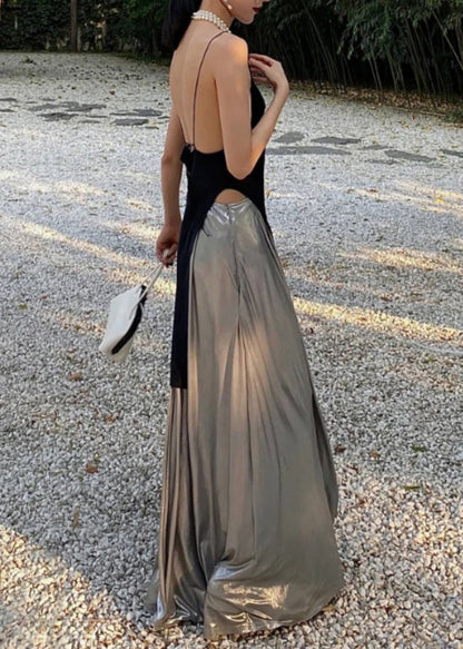 Black Asymmetrical Tops and Silver Pants Cotton Two Pieces Set Sleeveless