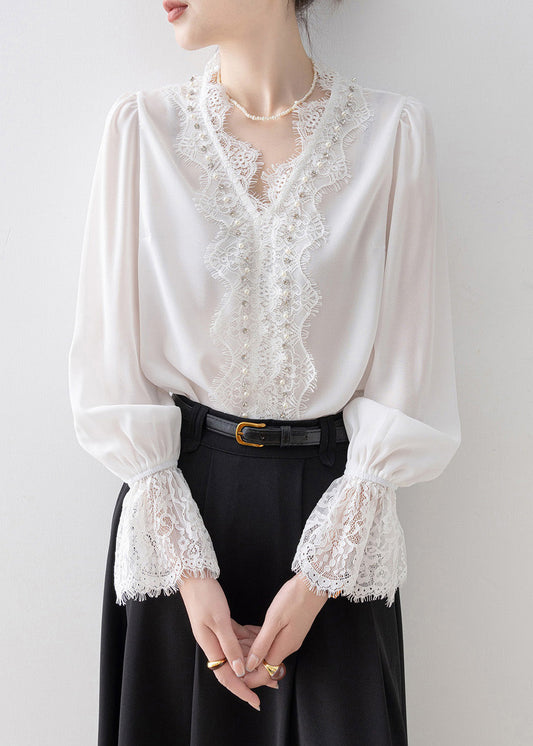 White V Neck Lace Patchwork Chiffon Top Spring