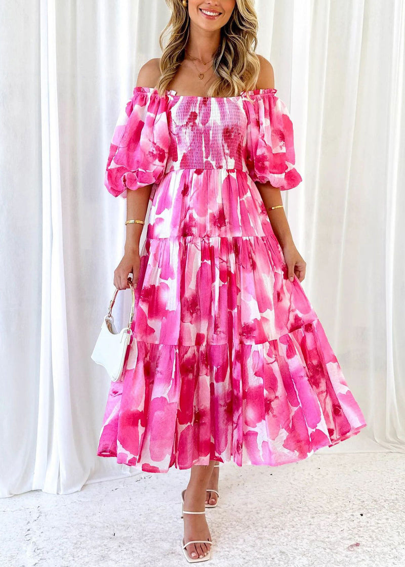 Holiday Style Green Puff Sleeve Print Wrinkled Cotton Maxi Dress