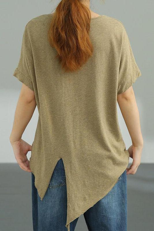 Pure Color O Neck Split Hem T-shirt