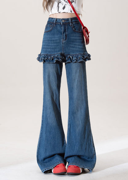 Blue Ruffled Pockets Patchwork Denim Flared Trousers Fall