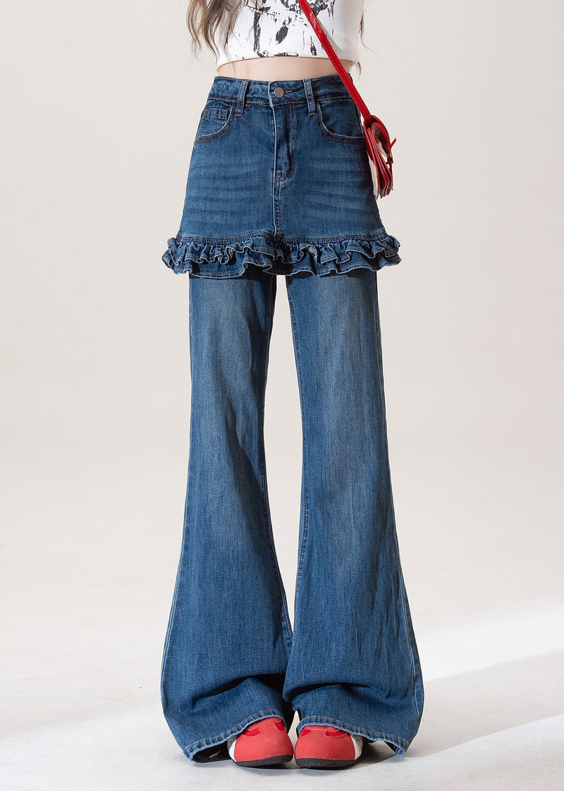 Blue Ruffled Pockets Patchwork Denim Flared Trousers Fall