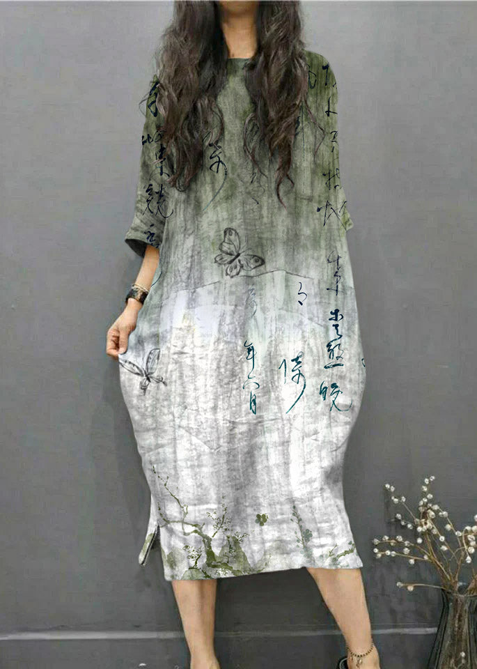 Grey O-neck Wrinkled Side Open Linen Long Dress Batwing Sleeve