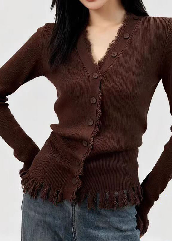 Coffee V Neck Button Cotton Knit Cardigans Spring