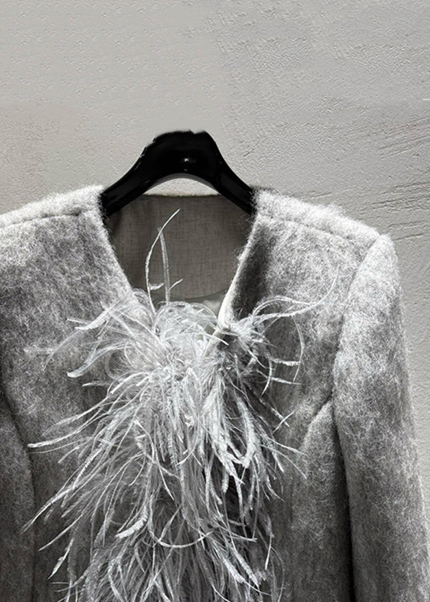 Grey Feather Patchwork Wool Coats Winter