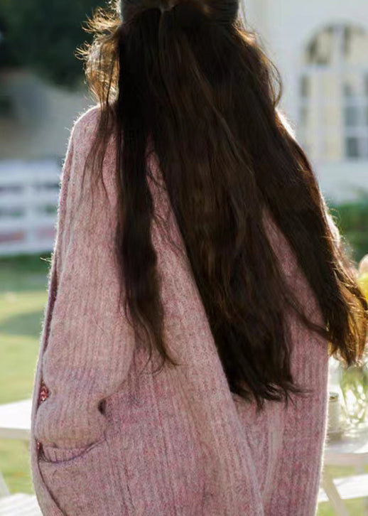 Purple V Neck Pockets Patchwork Knit Cardigan Long Sleeve