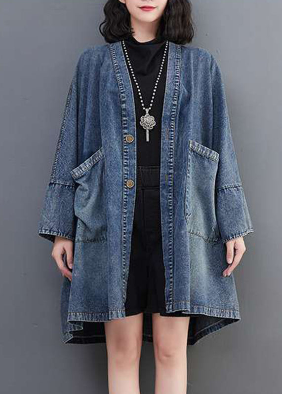 Blue V Neck Pockets Denim Coats Fall