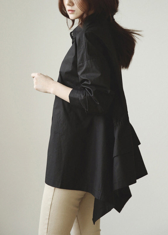 Black Peter Pan Collar Drawstring Cotton Blouse Tops Fall