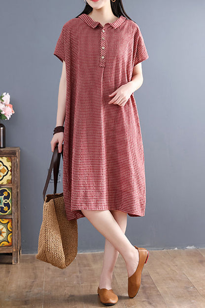 Summer Retro Loose Shirt Skirt Plaid Cotton Linen Dress