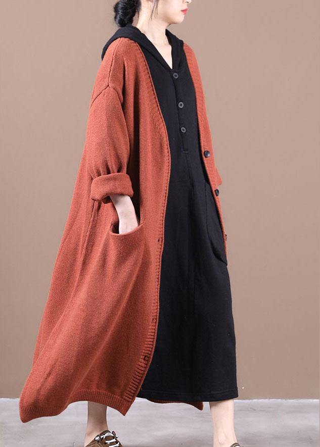 Orange Red Pockets Fall Long Knit Coat