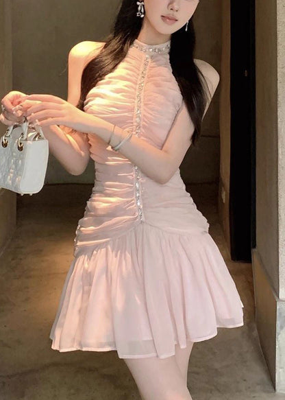 Slim Fit Pink Wrinkled Zircon Chiffon Dress Sleeveless