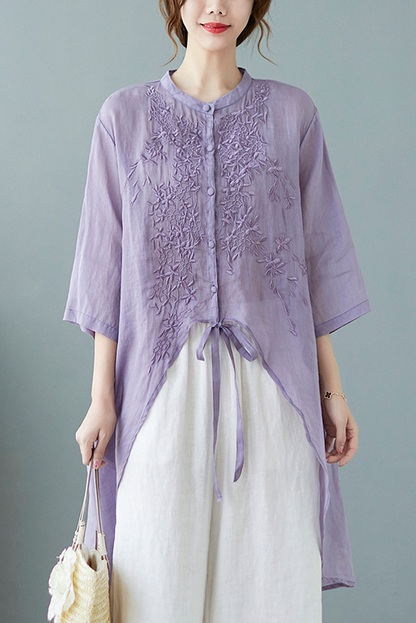 Summer Embroidered Loose Long Top Half Sleeve Ramie Shirt