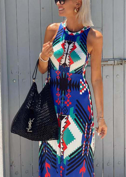 Organic Blue O Neck Print Cotton Long Dresses Sleeveless