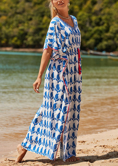 Blue O Neck Print Drawstring Side Open Cotton Dress Batwing Sleeve