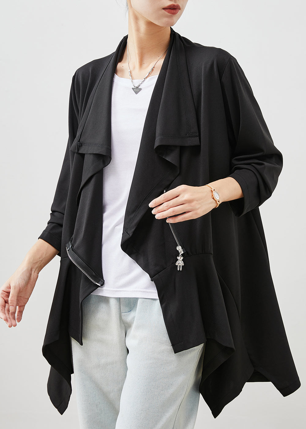 Black Asymmetrical Patchwork Cotton Cardigan Spring