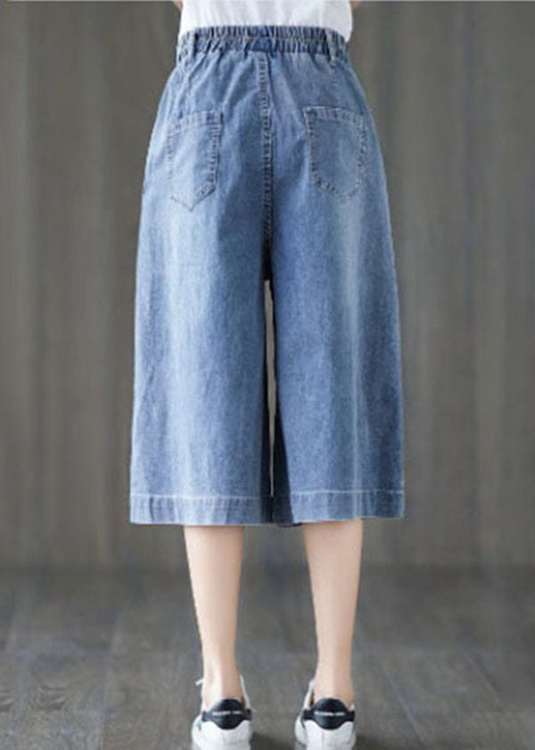 Denim Blue Elastic Waist Embroidered Cotton Wide Leg Pants Summer