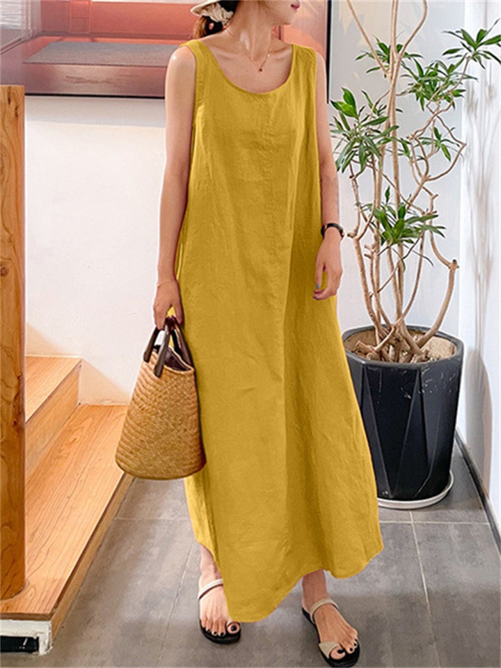 Cotton Linen Simple Wind Loose Pockets Round Neck Temperament Sleeveless Color Dress Female