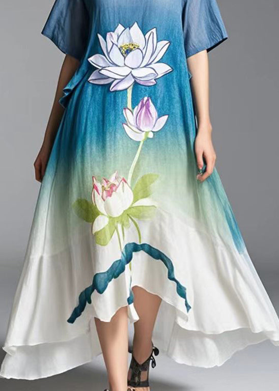 Gradient Color Cold Shoulder Lotus Print Cotton Dress Summer