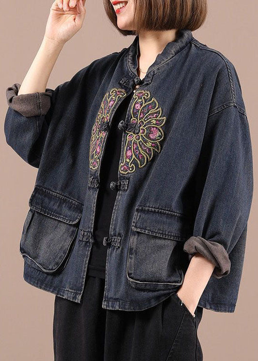 Black Button Embroidered Pockets Fall Denim Jackets