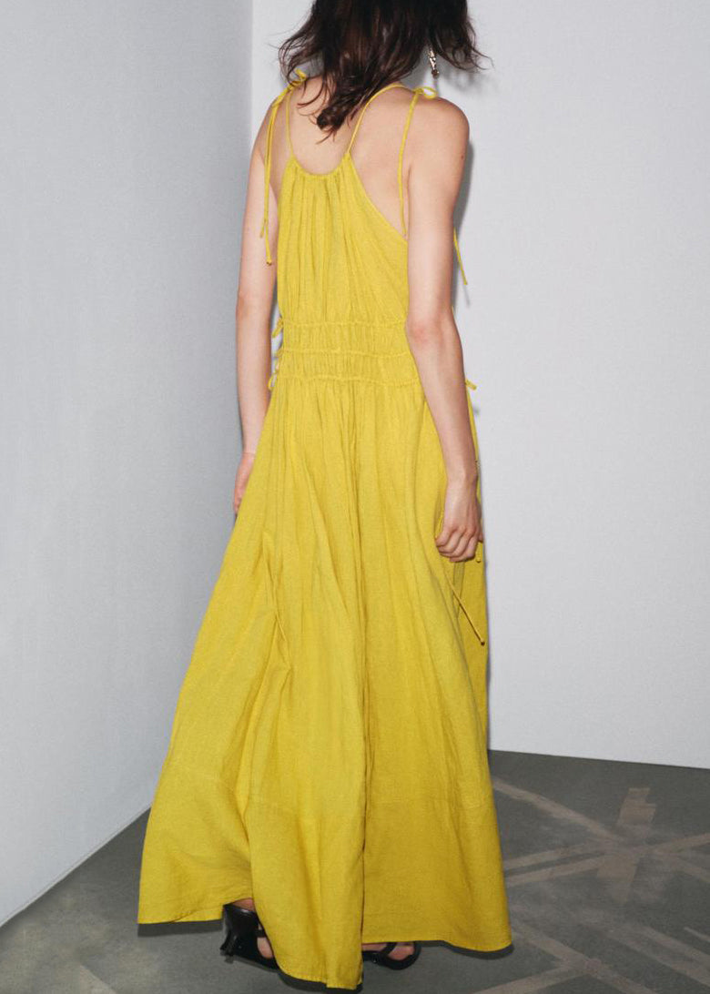 Yellow Wrinkled Lace Up Linen Spaghetti Strap Dress Sleeveless
