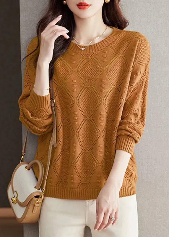 Brick Red O Neck Hollow Out Knitted Tops Fall
