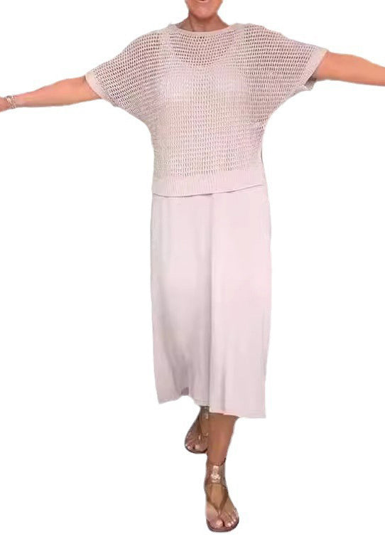 Apricot Knit Top and Spaghetti Strap Dress Two-piece Set Summer