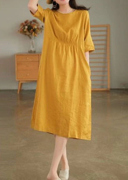 Blue O Neck Pockets Wrinkled Linen Dresses Summer