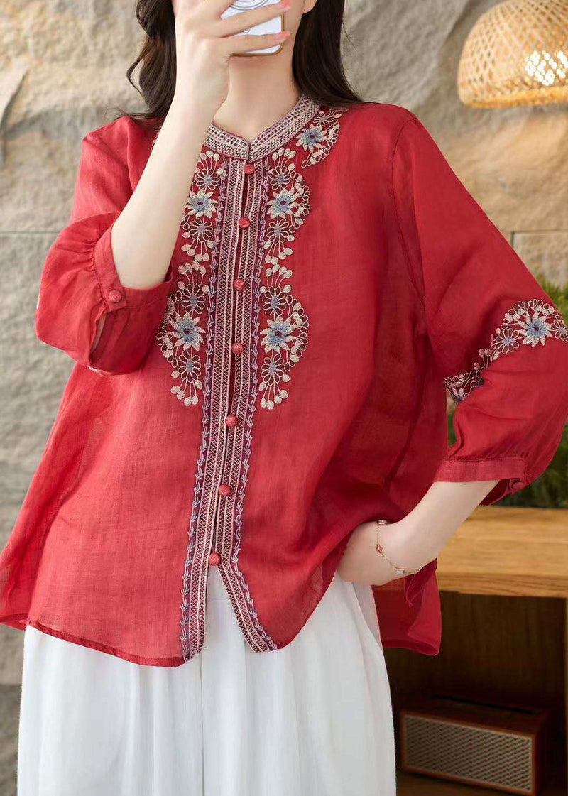 Loose Green Stand Collar Embroidered Linen Tops Bracelet Sleeve