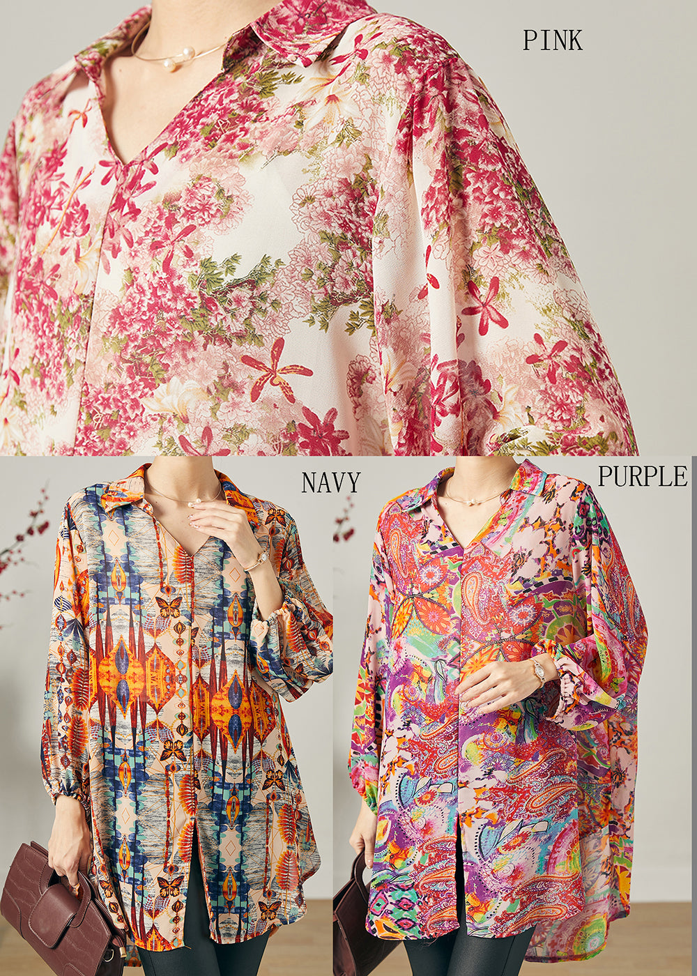 Natural Navy Print Side Open Chiffon Top Summer