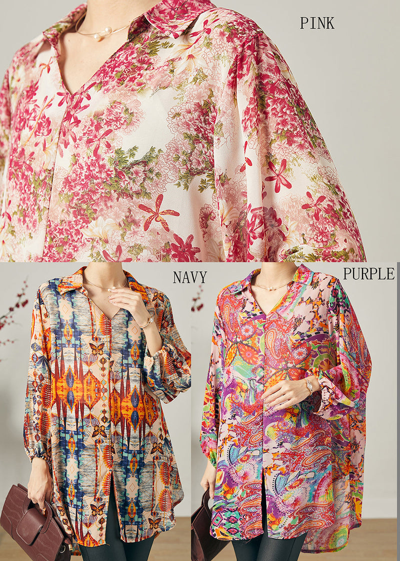 Natural Navy Print Side Open Chiffon Top Summer