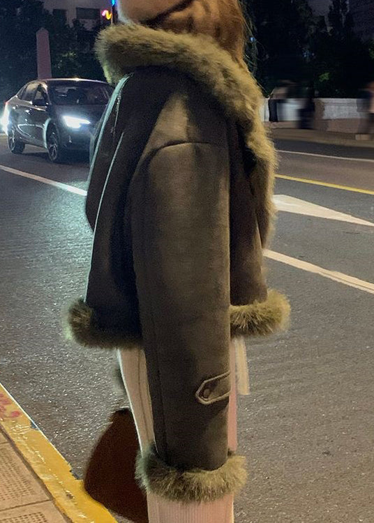 Blackish Green Fur Collar Patchwork Faux Suede Parkas Winter