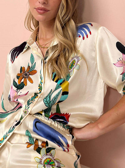 Sophisticated Feel Satin Modern Unique Print Button Down Oversized Blouse