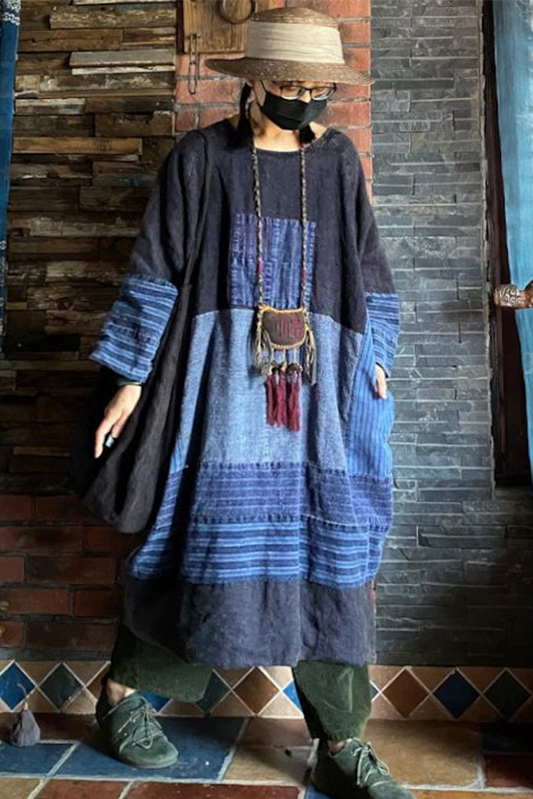 -retro Cotton Linen Distressed Colorblock Dress