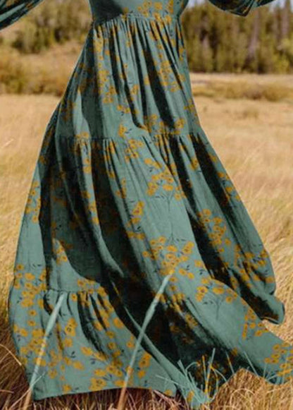 Green V Neck Print Wrinkled Chiffon Robe Dresses Spring