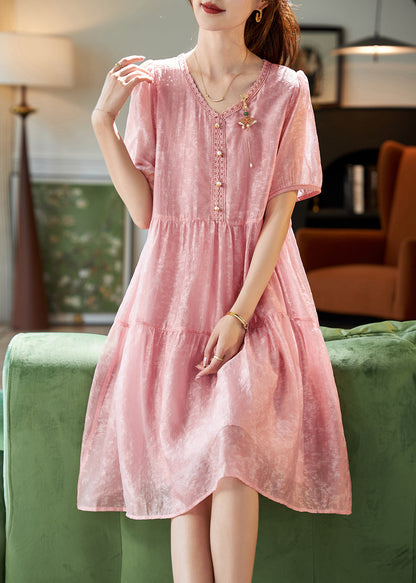 Pink V Neck Lace Patchwork Chiffon Long Dresses Short Sleeve