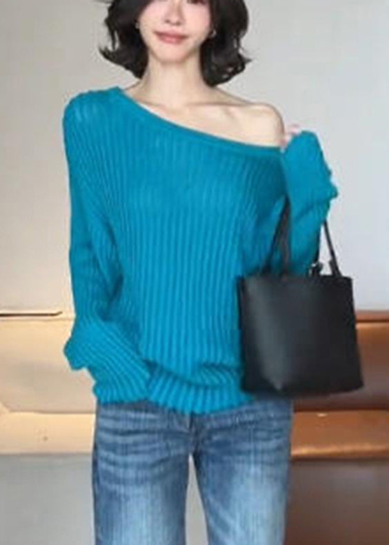 Blue One Shoulder Striped Hollow Out Cotton Knit Sweater Fall