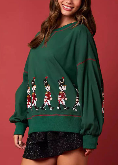Green O Neck Sequins Cotton Loose Sweatshirt Winter